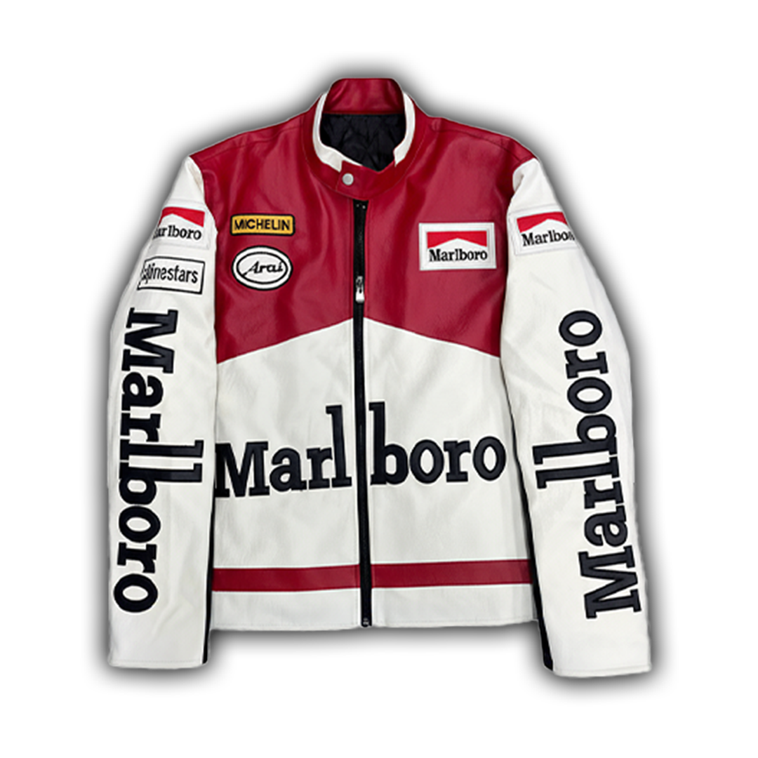 Marlboro Faux Leather Racing Jacket in White 
