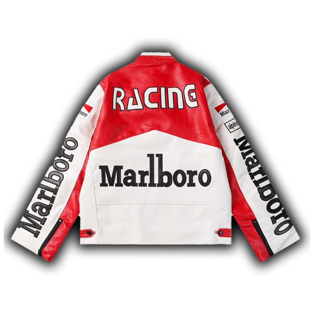 Marlboro Faux Leather Racing Jacket in White 