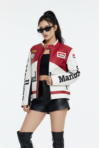 Marlboro Faux Leather Racing Jacket in White 