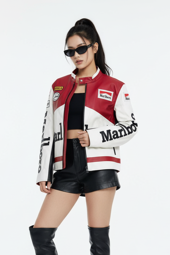 Marlboro Faux Leather Racing Jacket in White 
