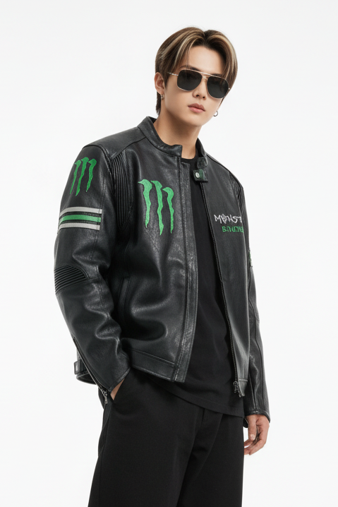 Monster Faux Leather Racing Jacket in Black 