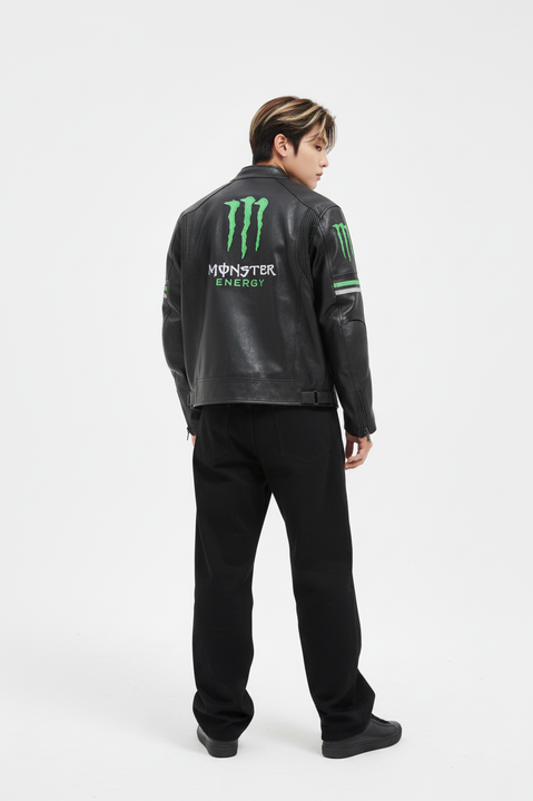 Monster Faux Leather Racing Jacket in Black 