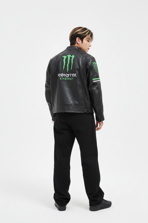 Monster Faux Leather Racing Jacket in Black 
