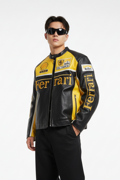 Ferrari Olympus Faux Leather Racing Jacket in Yellow 