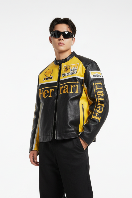 Ferrari Olympus Faux Leather Racing Jacket in Yellow 