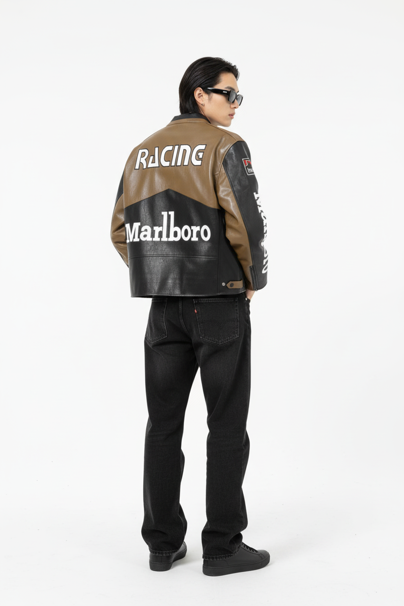 Marlboro Faux Leather Racing Jacket in Brown 
