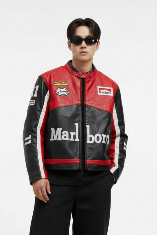 Marlboro Faux Leather Racing Jacket in Black 