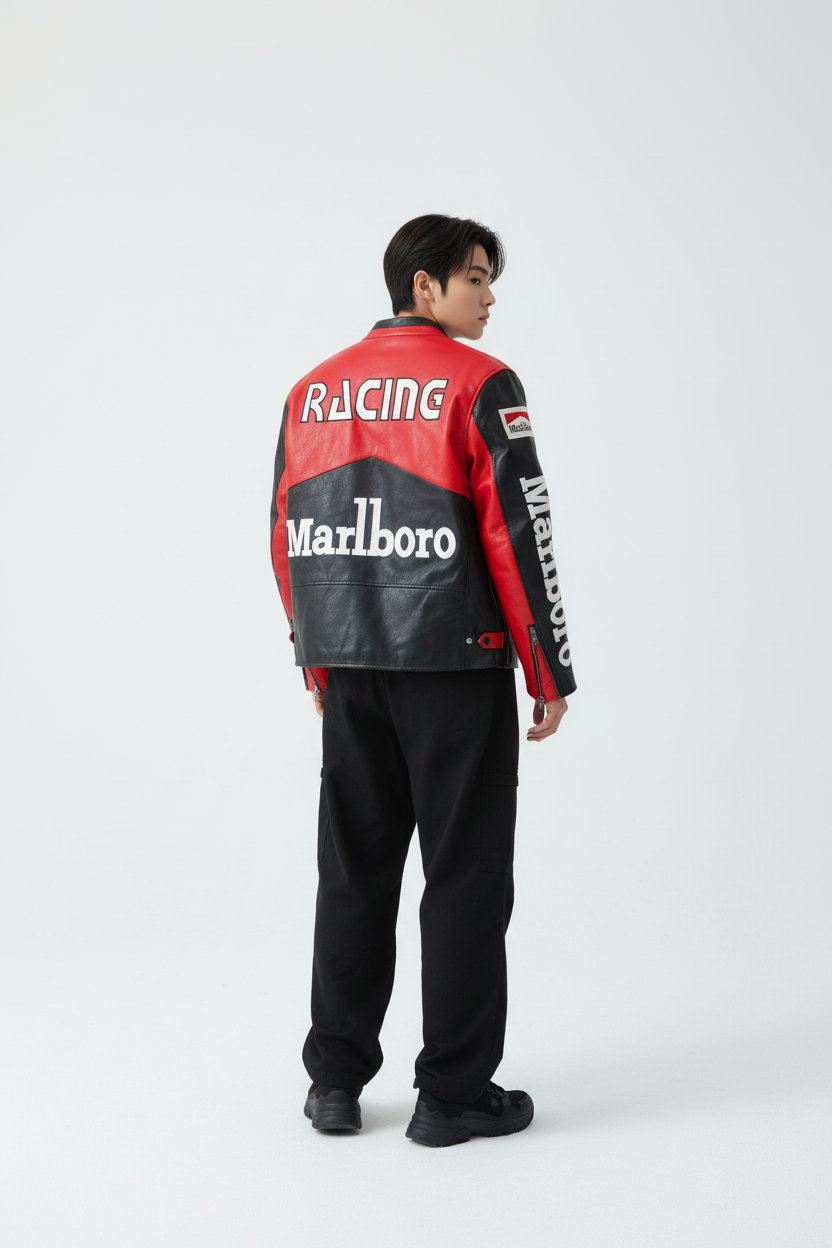 Marlboro Faux Leather Racing Jacket in Black 