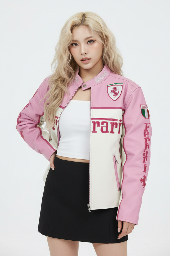 Ferrari Faux Leather Racing Jacket in Pink 