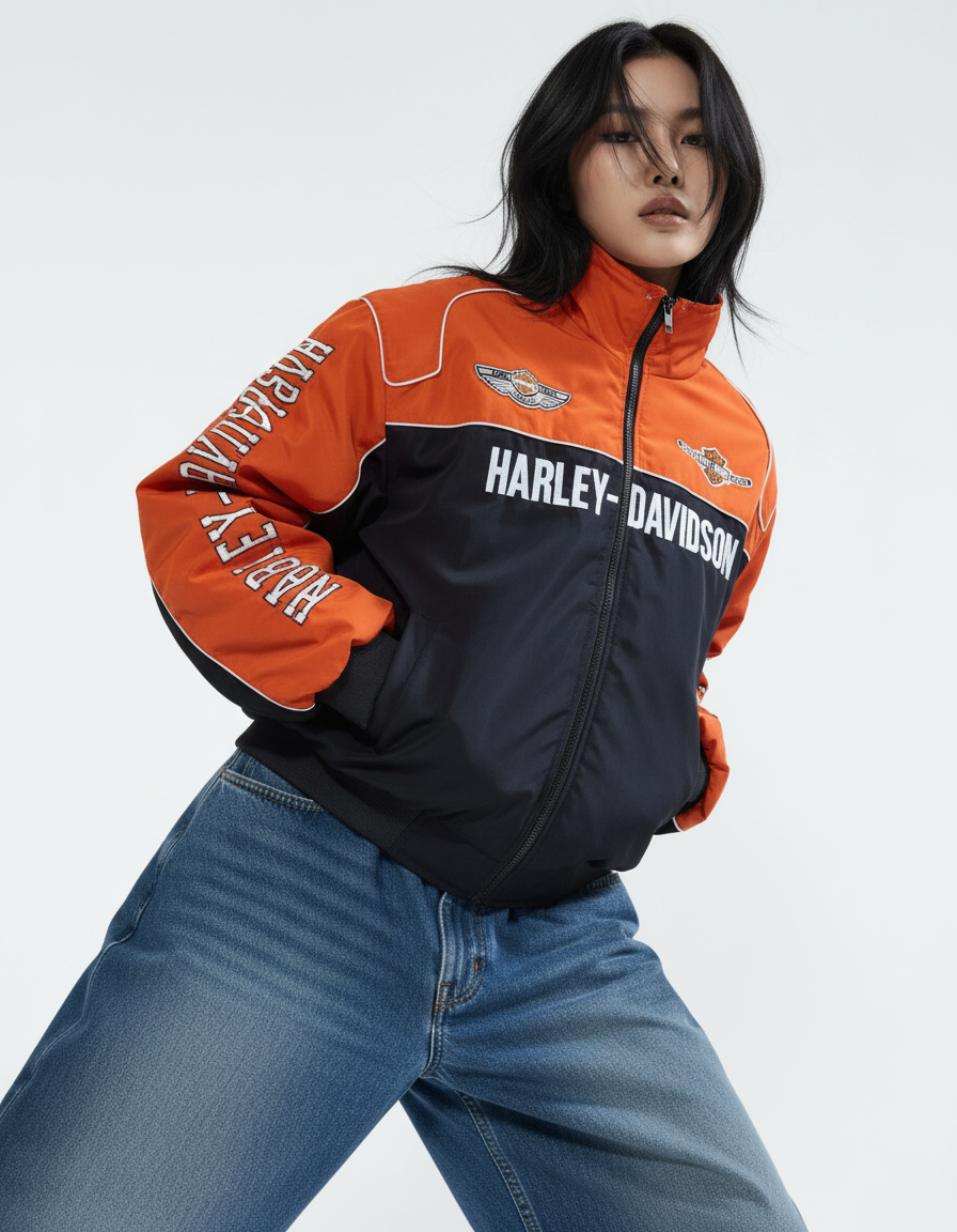 Harley-Davidson Biker-Style Racing Jacket in Orange