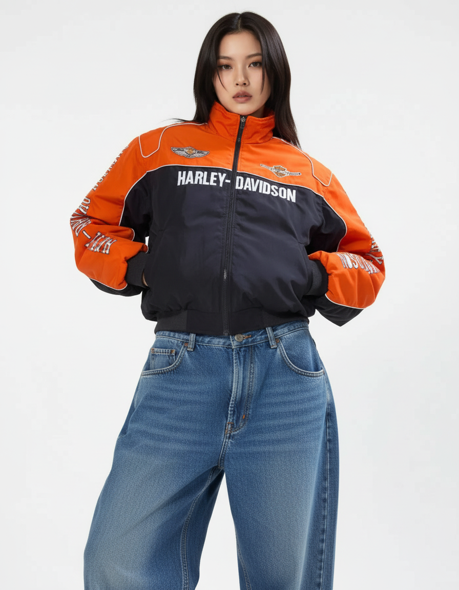 Harley-Davidson Biker-Style Racing Jacket in Orange