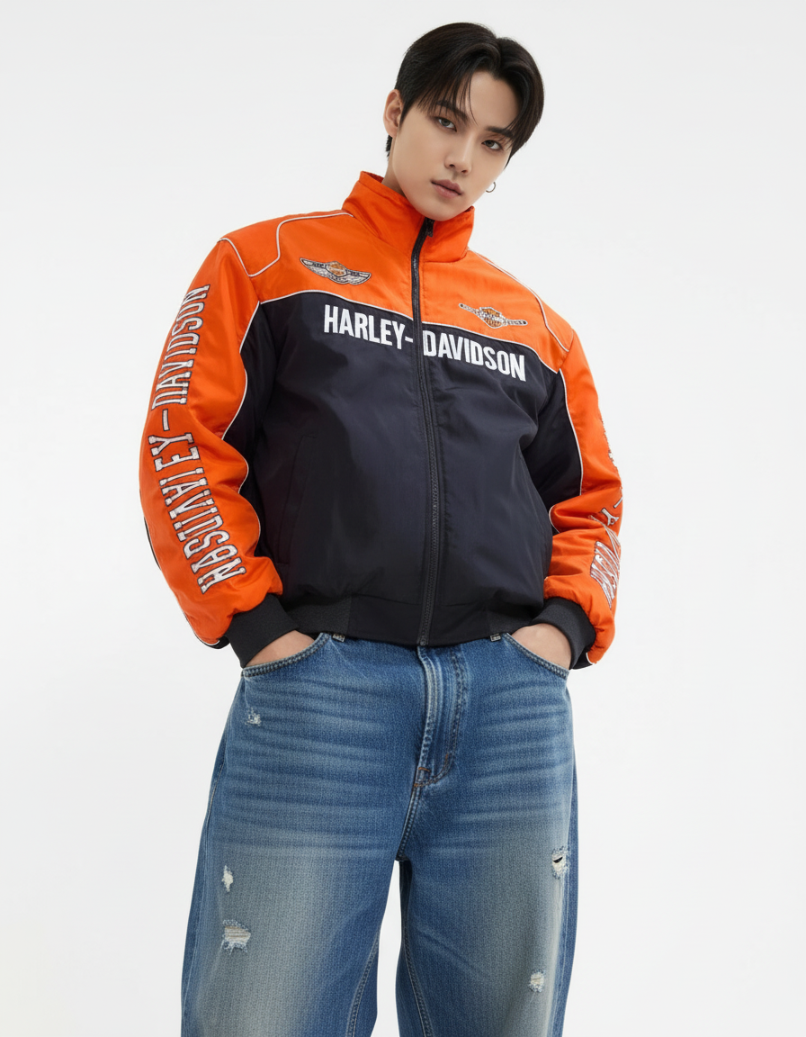 Harley-Davidson Biker-Style Racing Jacket in Orange